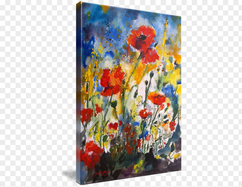 Watercolor Poppy Floral Design Painting Art Canvas PNG
