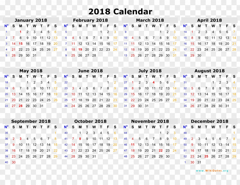 2018 Calendar Online ISO Week Date Template Year PNG