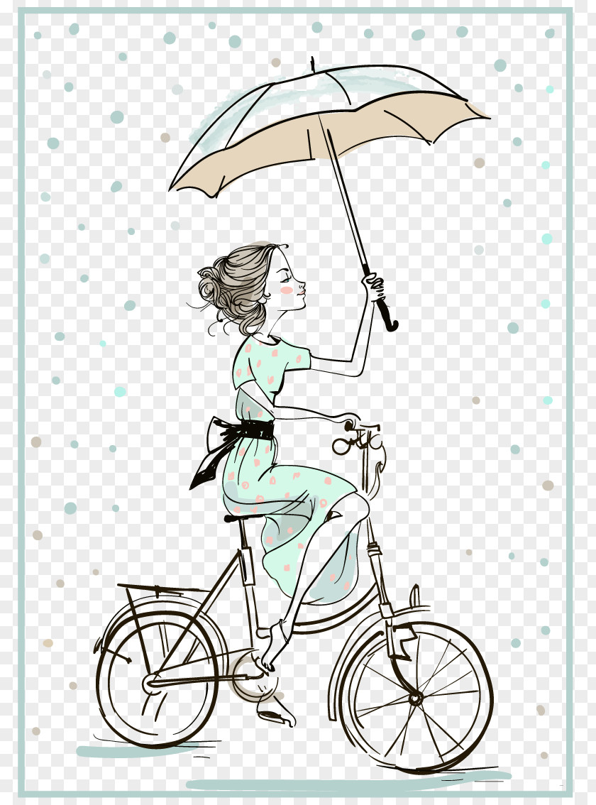 Umbrella Cartoon Illustration PNG Illustration, girl fashion illustration, woman riding bike while holding umbrella clipart PNG