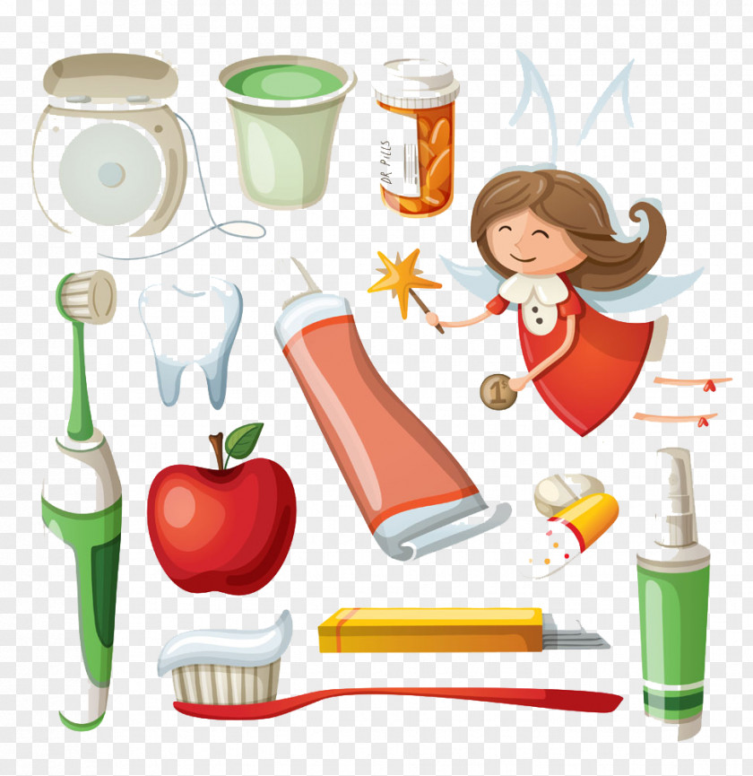Toothbrush And Apple Electric Toothpaste Cartoon PNG