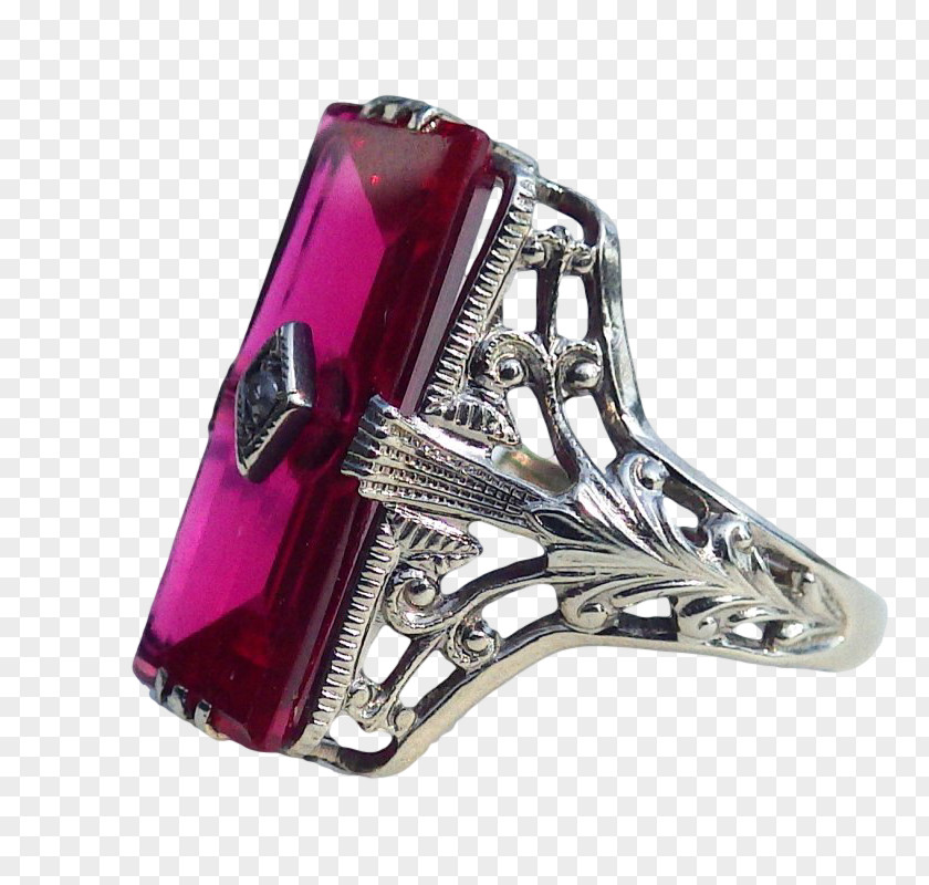 White Filigree Ruby Ring Silver 1920s PNG