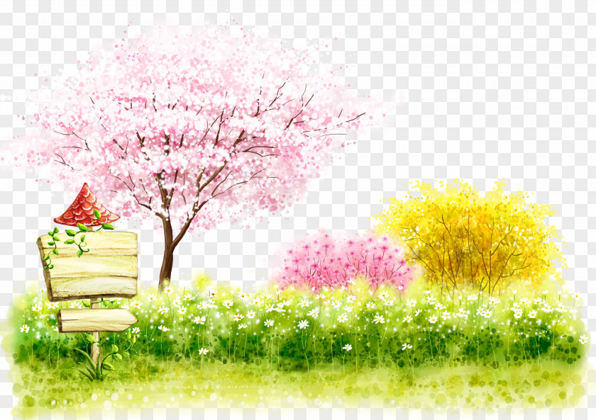 Vibrant Grass Cartoon Cherry Blossom Illustration PNG