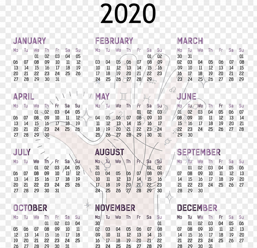 2020 Yearly Calendar Printable Template Full Year PNG