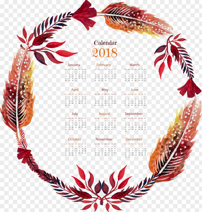 Red Watercolor Feather Calendar Template PNG
