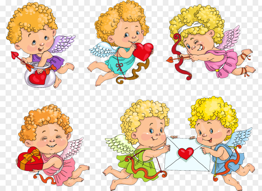 6 Cute Blond Angel Vector Cupid Drawing Heart Illustration PNG