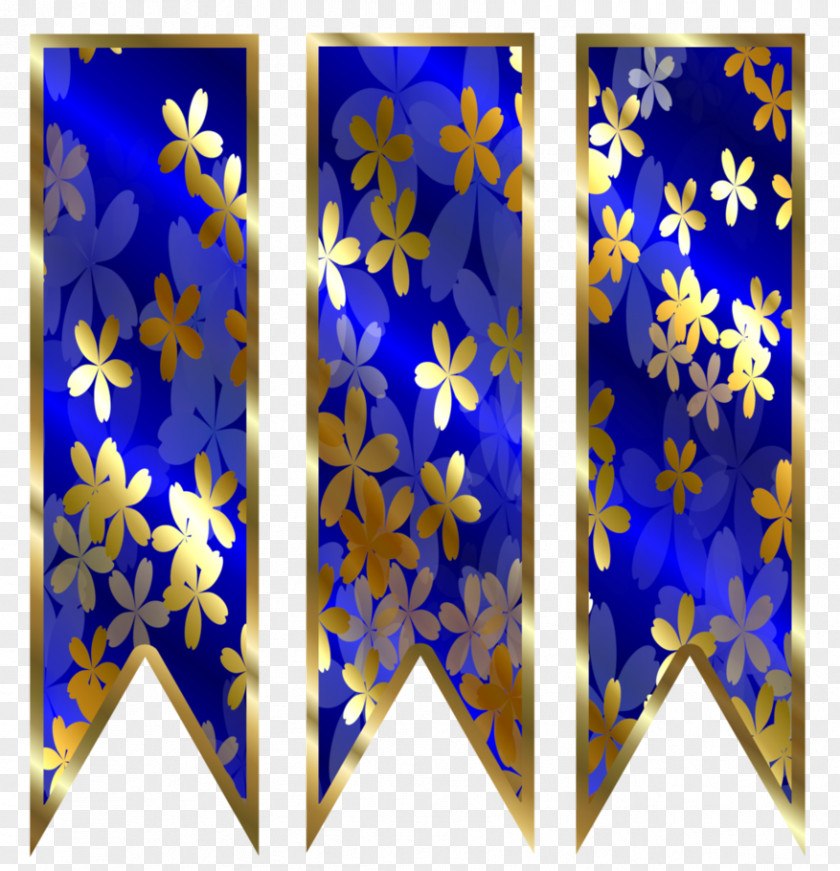 Ribbon Banner Floral Cobalt Blue Symmetry Star Pattern PNG