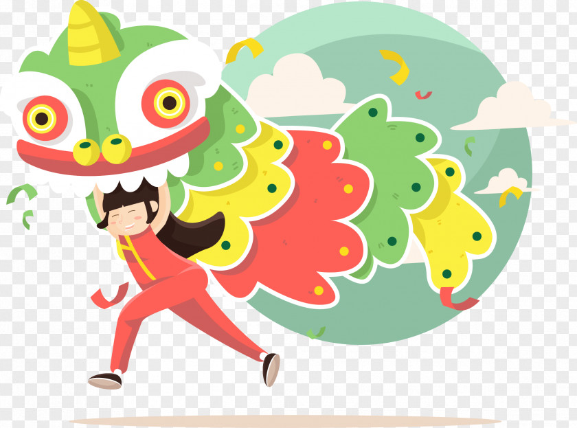 Vector Happy New Year Lion Dance Dragon Chinese PNG