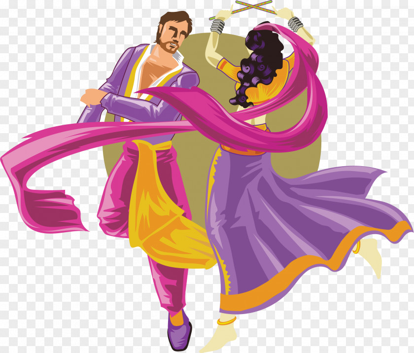 Cartoon Characters Dance Between Men And Women Folk Garba Dandiya Raas PNG