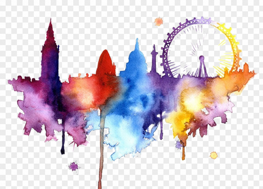 Ferris Wheel London Watercolor Painting Skyline Art PNG