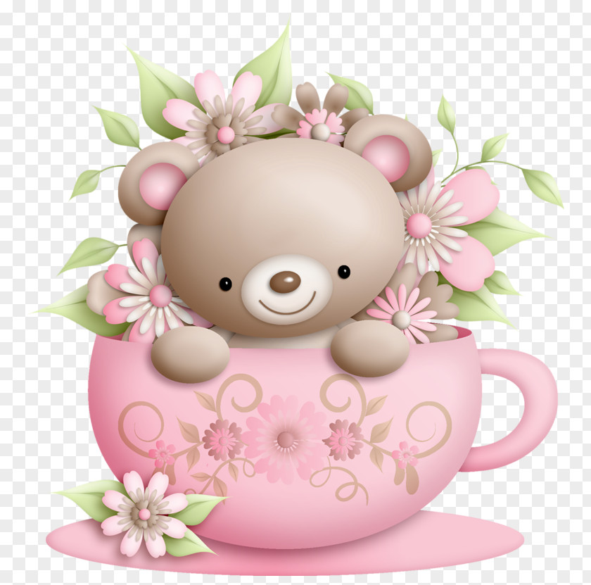 Teddy Bear Cuteness PNG bear , Cup and with Flowers Decoration mug of clipart PNG