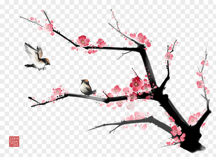 Creative Chinese Painting Plum Ink Wash Gongbi Bird-and-flower PNG