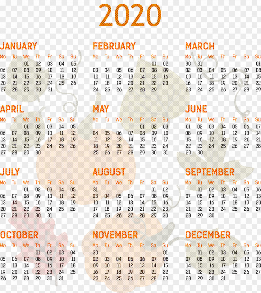 2020 Yearly Calendar Printable Template Full Year PNG