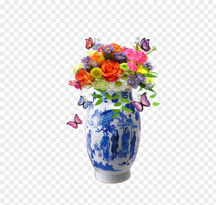 Blue And White Porcelain Vase Pottery Floral Design PNG