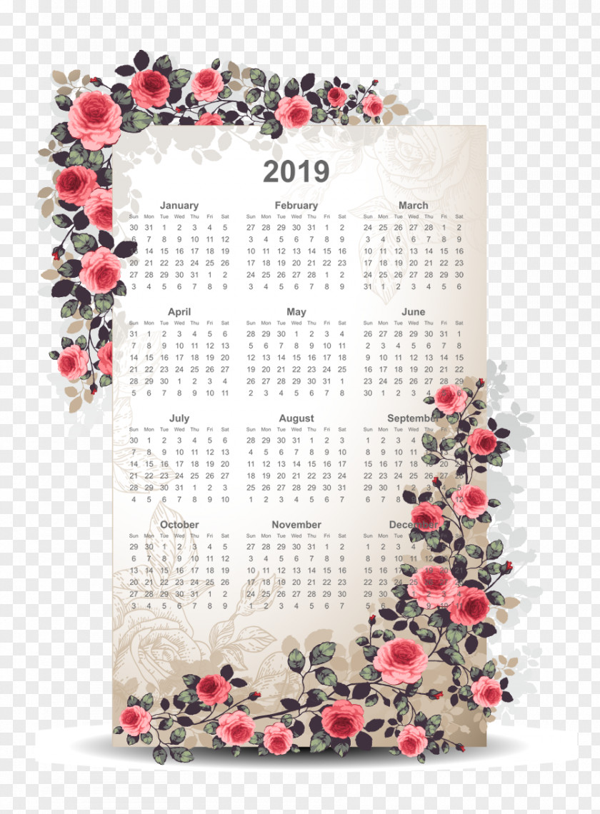 2019 Calendar Printable USA With Flower Boarder.pn PNG