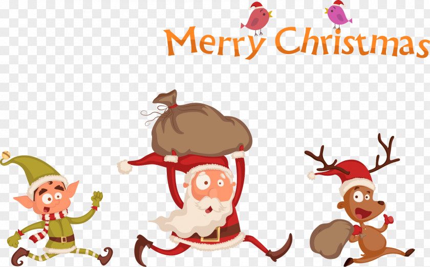 Santa Claus Running With Elk Claus's Reindeer Christmas Illustration PNG