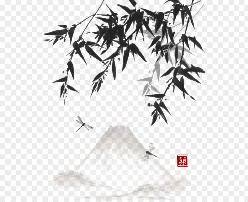 Vector Chinese Painting Style Bamboo Material Ink Wash Drawing Landscape PNG
