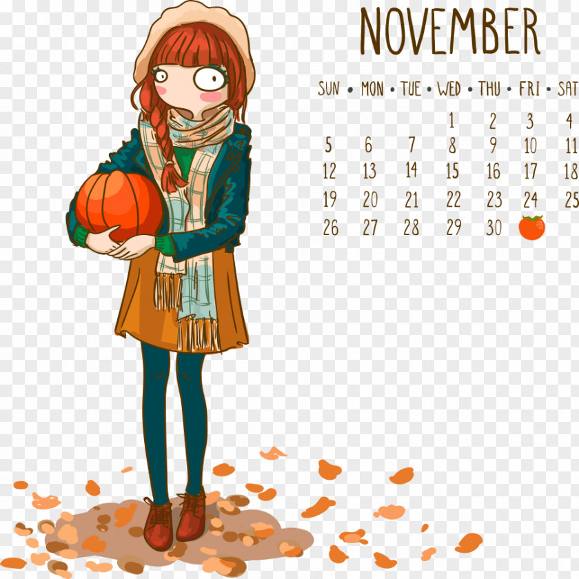 Calendar November Illustration PNG Illustration, girl holding pumpkin clipart PNG