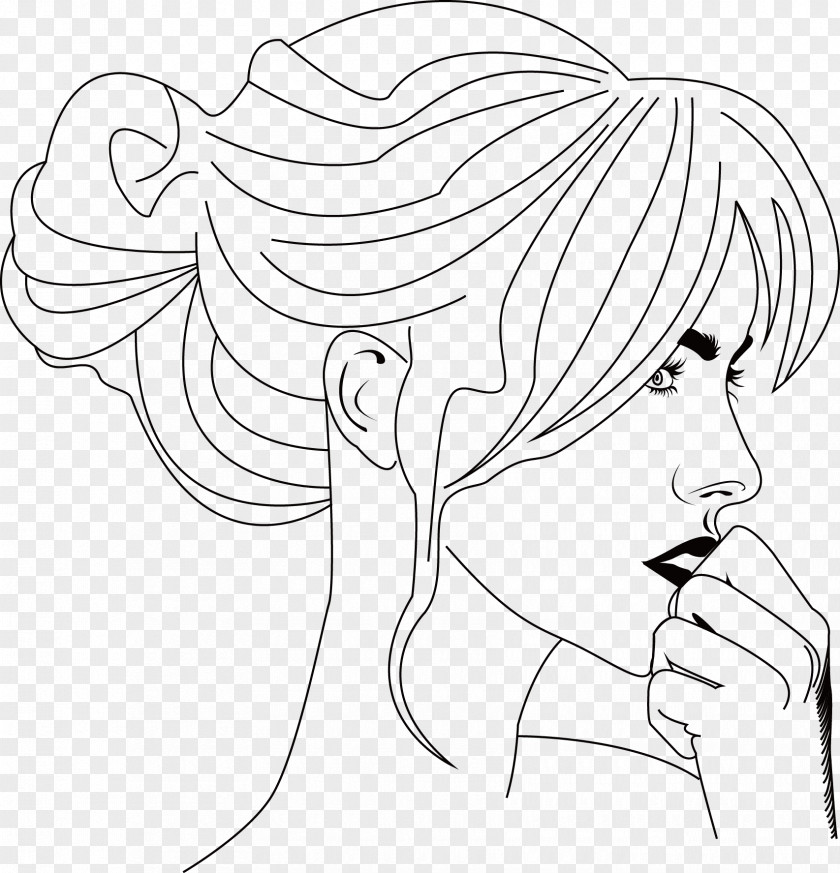Cartoon Hand Painted Beautiful Side Face Black And White Clip Art PNG