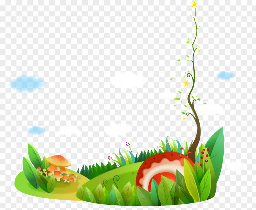 Cartoon Painted Vine Tree Green Grass And Flowers Drawing Adobe Illustrator PNG