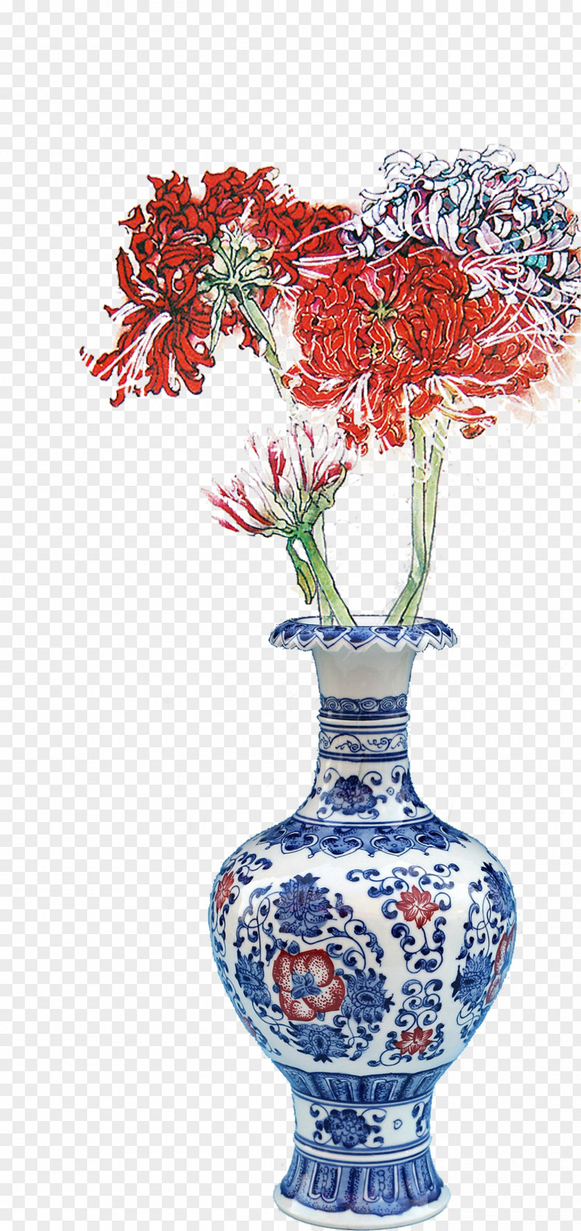 Chinese Style Chrysanthemum Jingdezhen Vase Blue And White Pottery Floral Design PNG