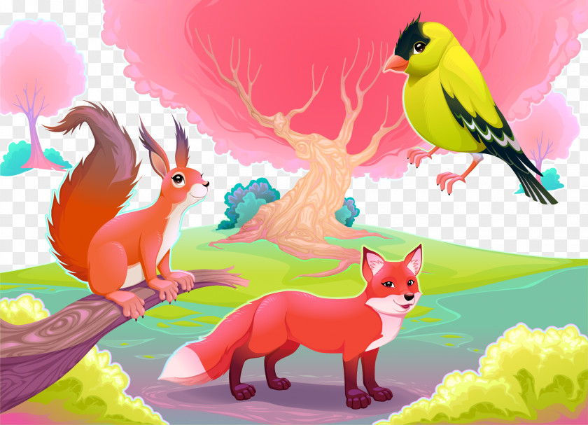 Parrot Squirrel And Fox Cartoon Funny Animal Theatrical Scenery Illustration PNG