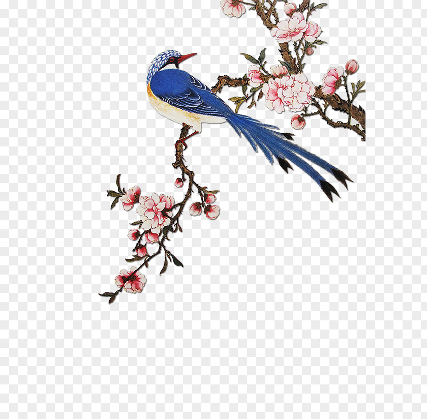Peach Bluebird China Bird-and-flower Painting PNG