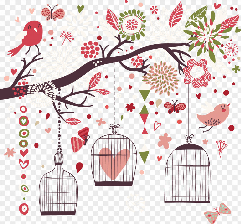 Warm Color Small Fresh Birds And Birdcages Bird Flight Drawing Shape PNG