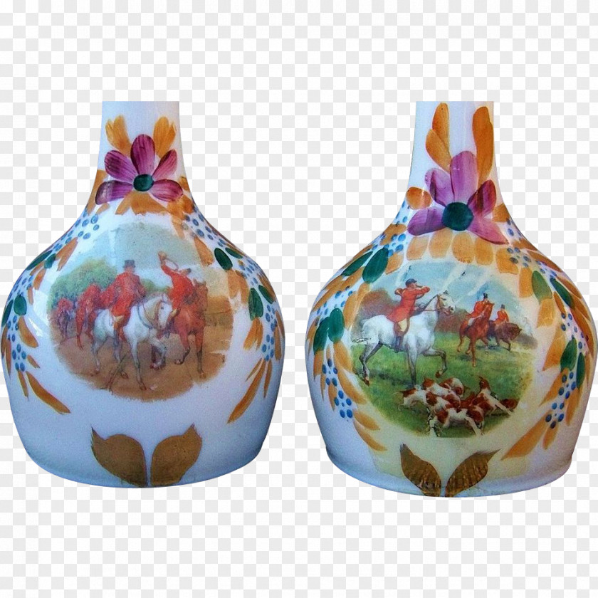 Hand Painted Fox Hunting Nail Buffing Ceramic Vase PNG