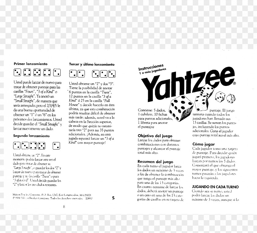 Dice Yahtzee Farkle Game Milton Bradley Company Playing Card PNG