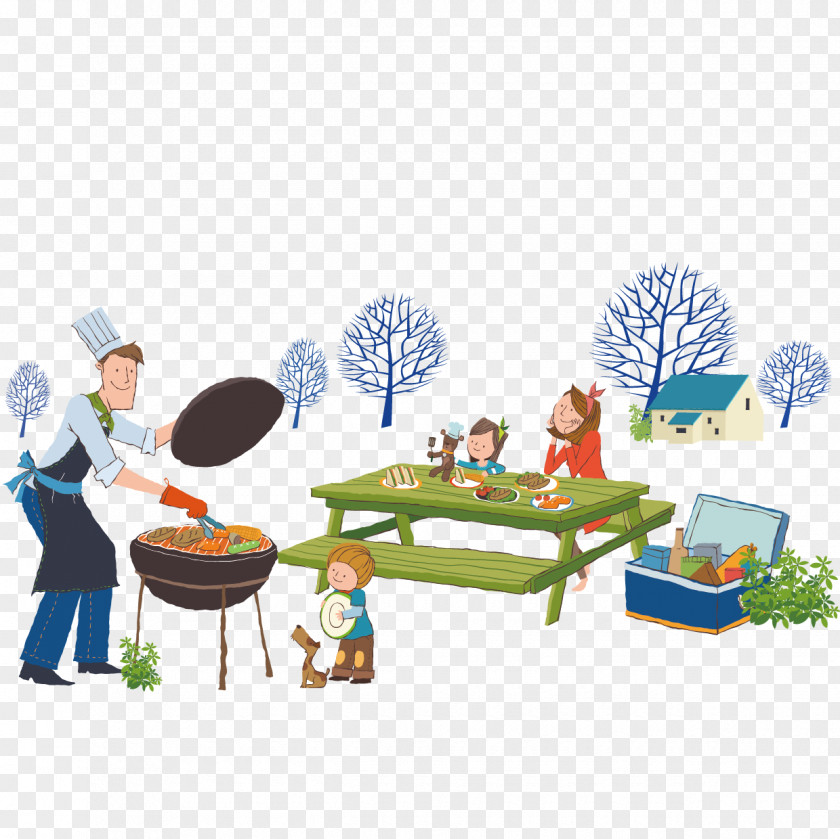 Vector Family Outdoor Dining Barbecue Grill Picnic Illustration PNG
