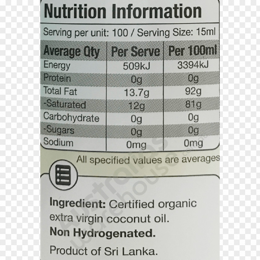 Natural Coconut Oil Nutrition Facts Label Peanut Butter Material Water PNG
