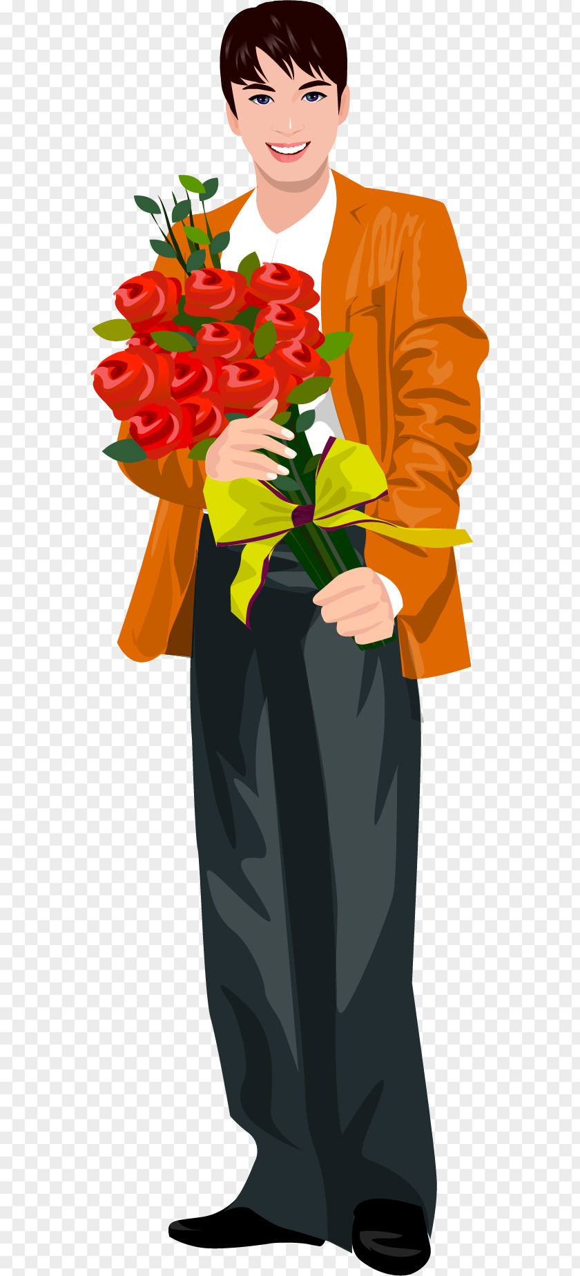 Vector Painted Man Holding Flower Bouquet Illustration PNG