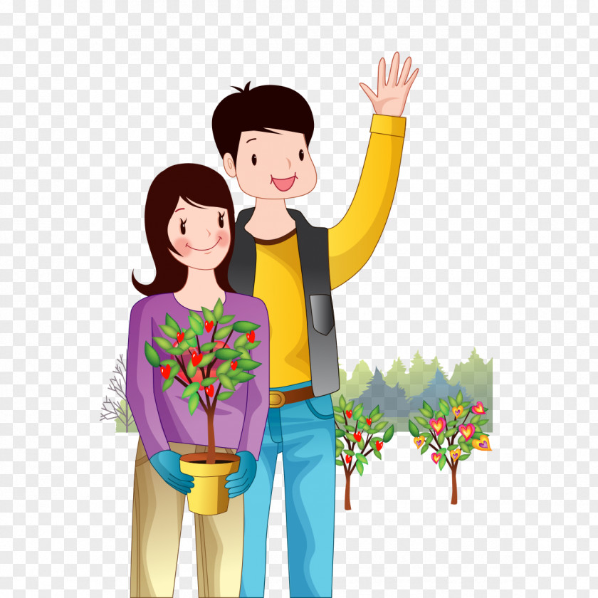 Men And Women Planting Flowers Tree Cartoon PNG