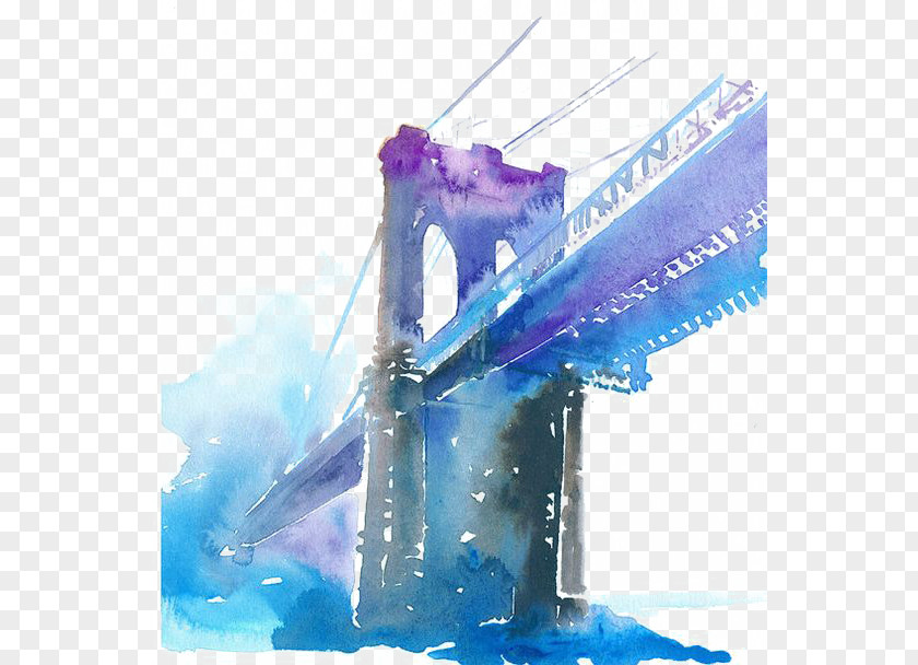 Cable-stayed Bridge Brooklyn Watercolor Painting PNG
