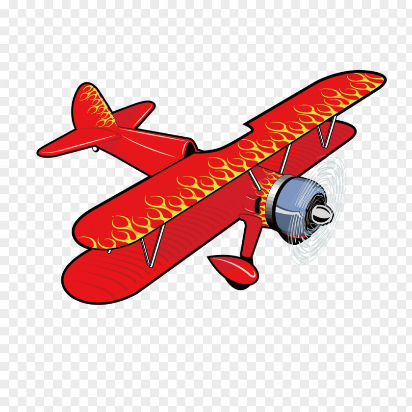 Red Flame Paint Vintage Biplane Airplane Aircraft Propeller Illustration PNG