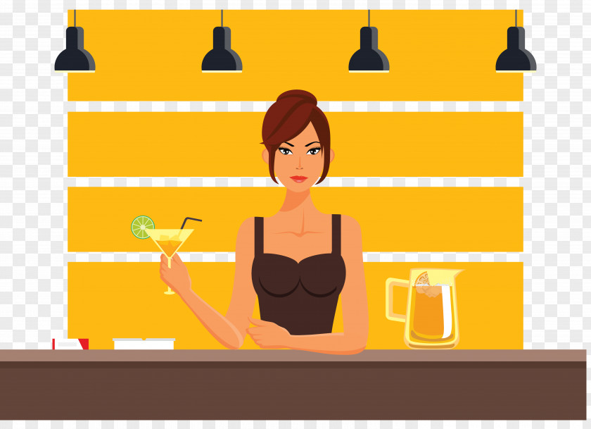 Fashionable Woman Drinks Cocktail Bar Illustration PNG
