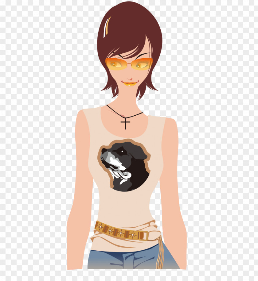 Hand-painted Cartoon Fashion Beauty Short Hair Wearing Glasses T-shirt Illustration PNG