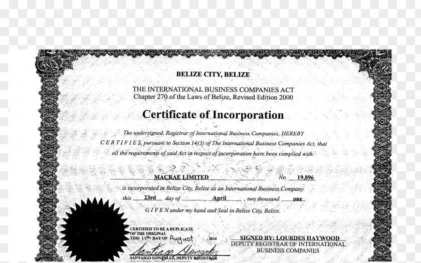 Lukoil Belize Certificate Of Incorporation White Font PNG