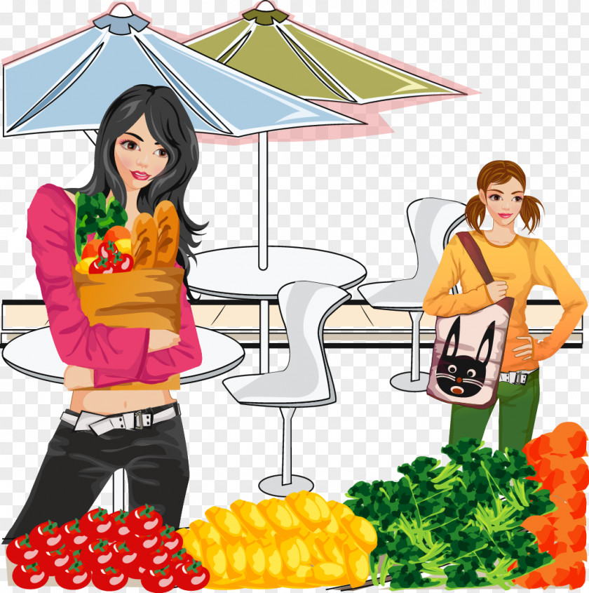 Long-haired Woman Shopping Vector Material Grocery Store Clip Art PNG