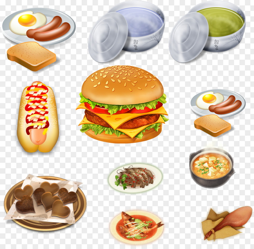 Colored Breakfast French Fries Cheeseburger Junk Food Slider PNG