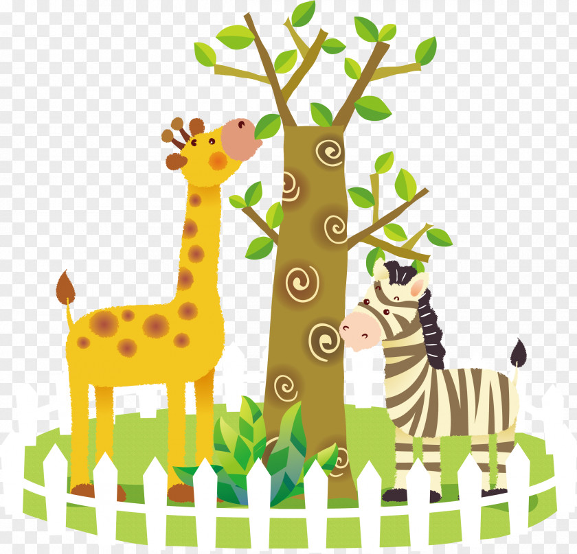 Zebra And Giraffe Eating Leaves Vector Animation Zoo PNG