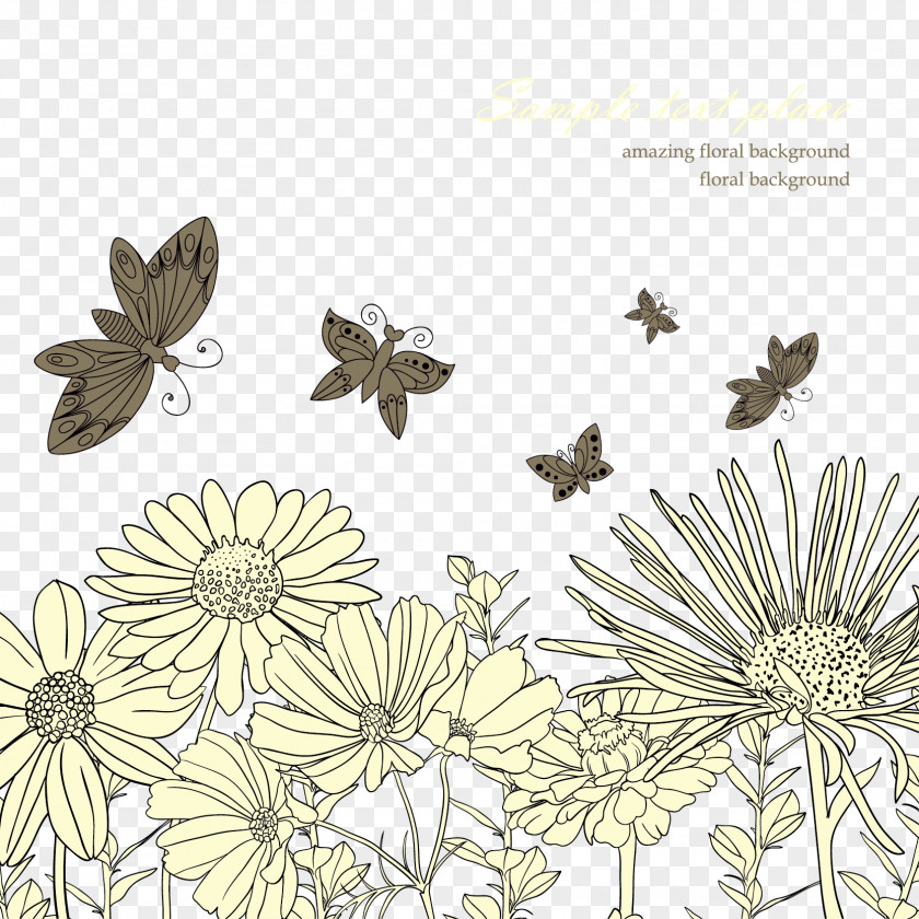 Butterfly And Flower Black White Line Art BackgroundVector Material PNG