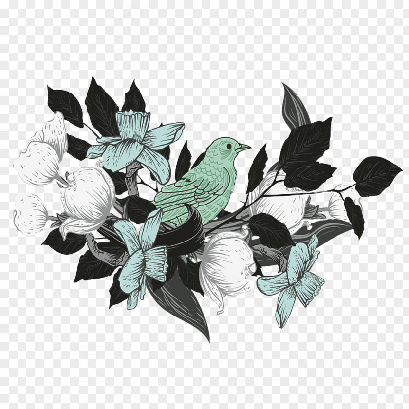 A Bird In Flower White Illustration PNG