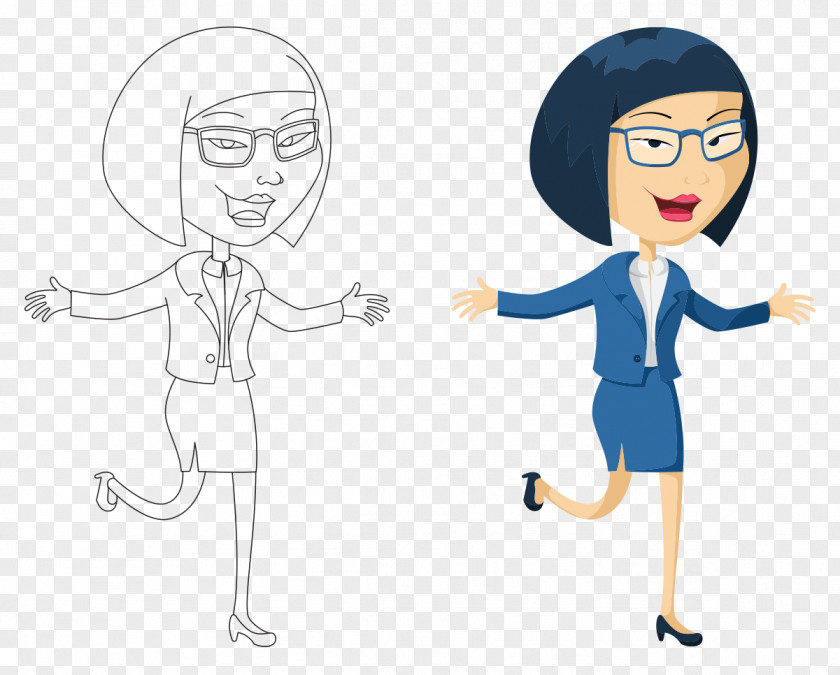 Cartoon Painted Asian Career Woman With Short Hair Clip Art PNG