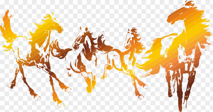 Golden Horse Ink Group Galloping Wash Painting Icon PNG