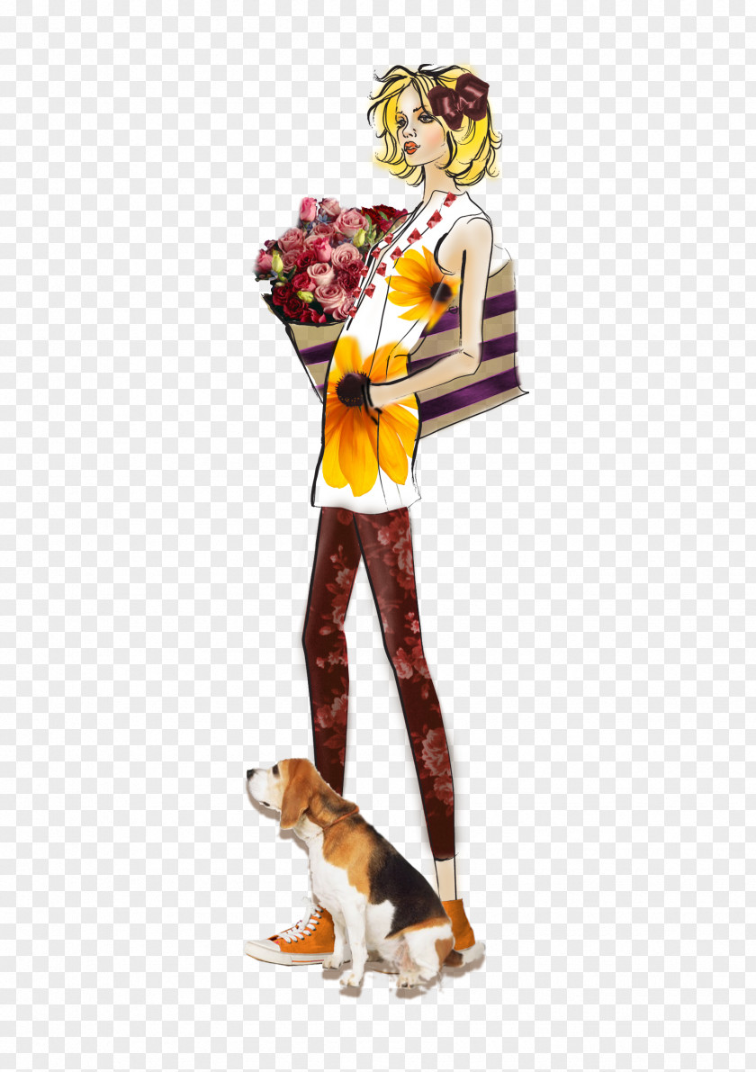 Woman Holding A Flower Cartoon Dog PNG