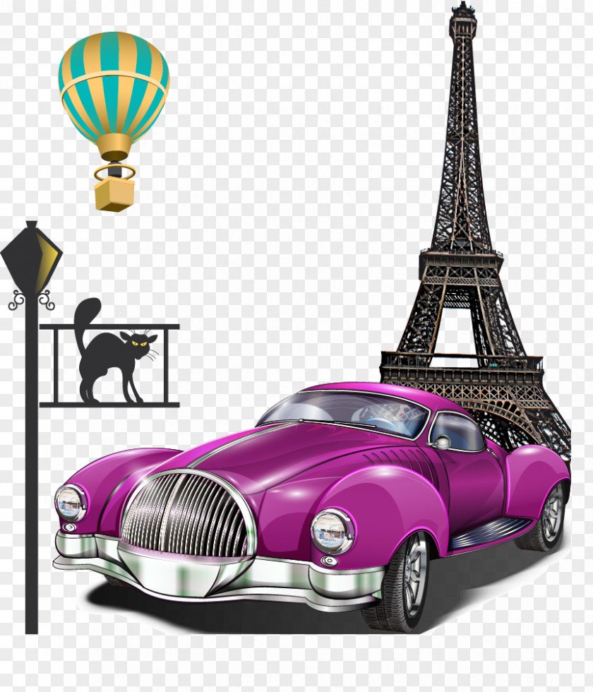 Paris Purple Retro Car Eiffel Tower Leaning Of Pisa PNG