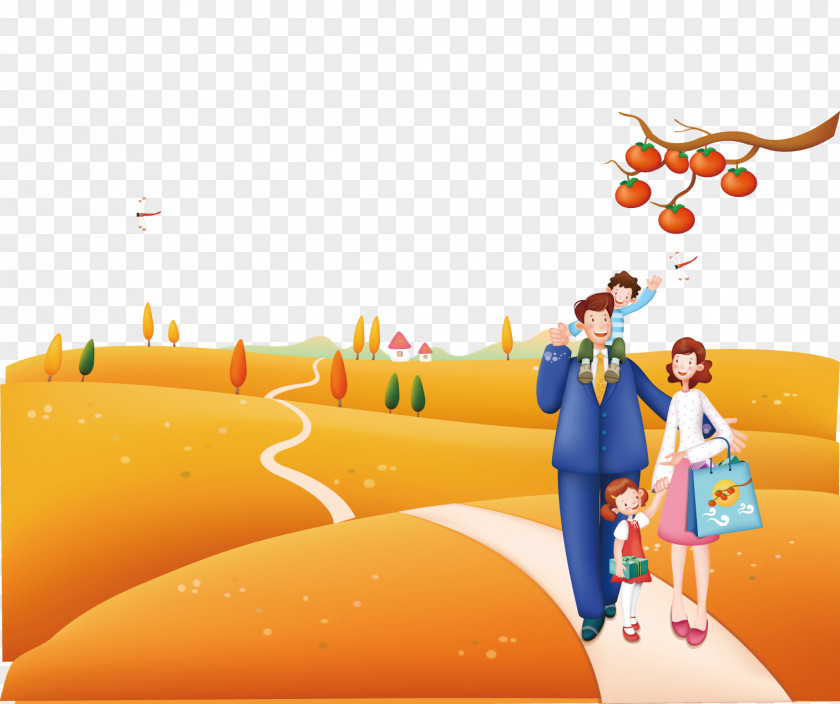 Walking In The Field Of A Family Poster Cartoon Illustration PNG