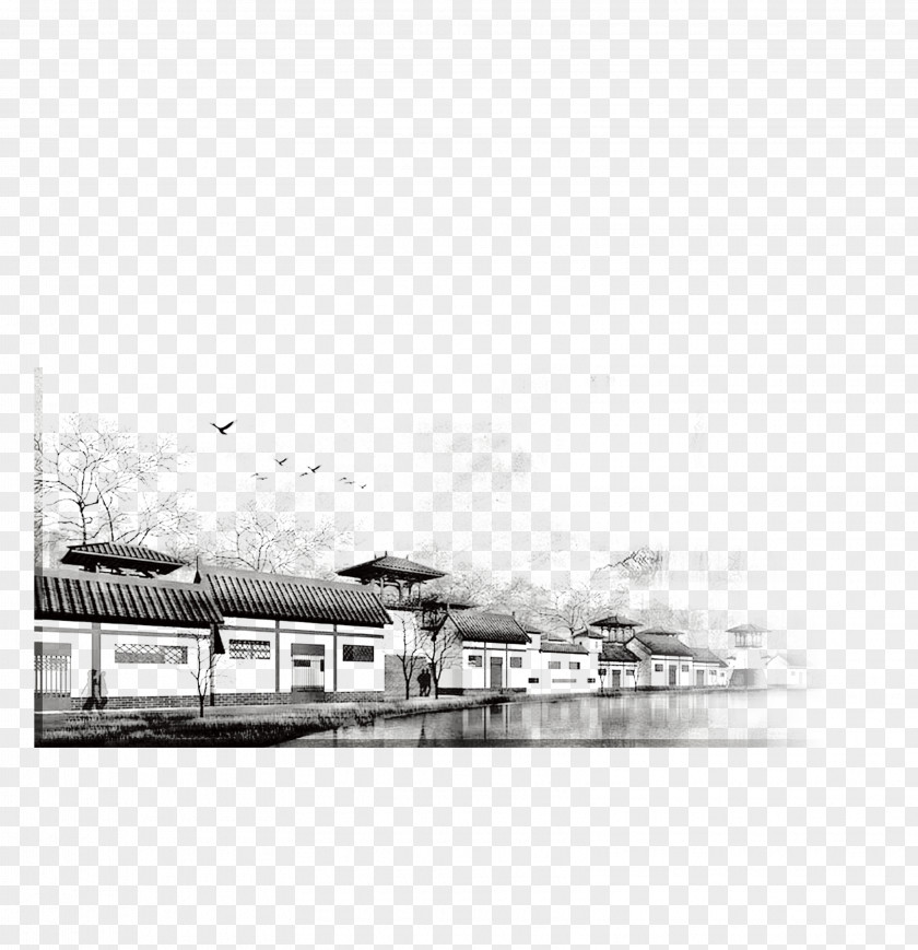 Black And White Ink Town FIG. Maotai Wash Painting PNG