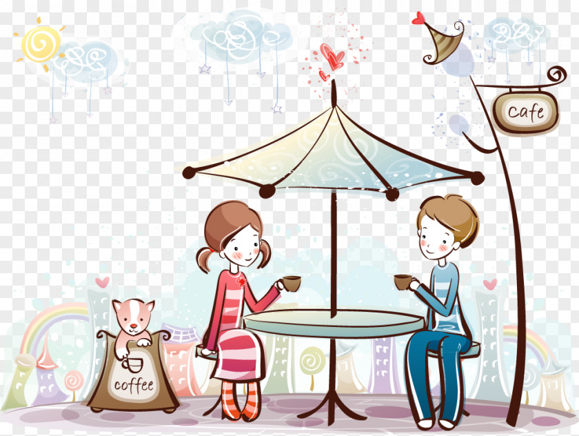 Couple Drinking Coffee Illustration Cafe Free Love Wallpaper PNG